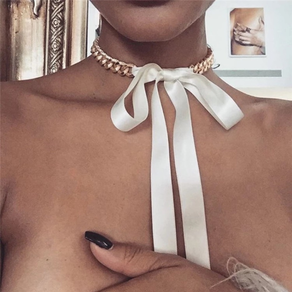 New💝 White bow chain choker